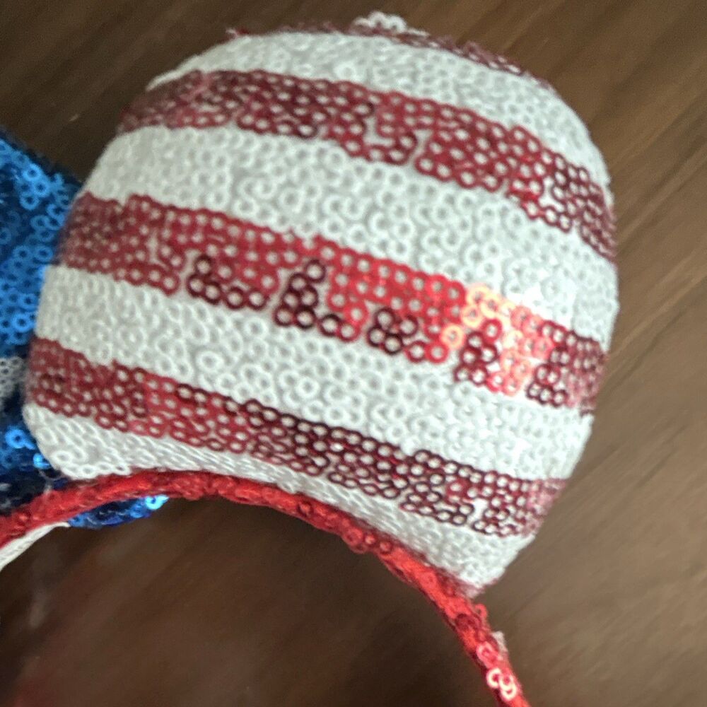 Disney Minnie Mouse USA Sequined Ears Bow Headband Striped Red/White/Blue - Picture 10 of 16